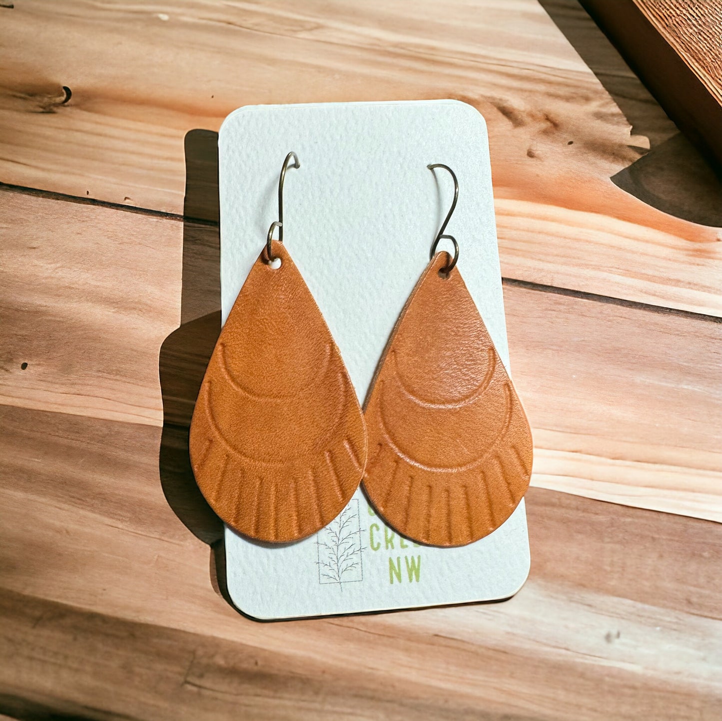 Embossed Tan Leather Earrings